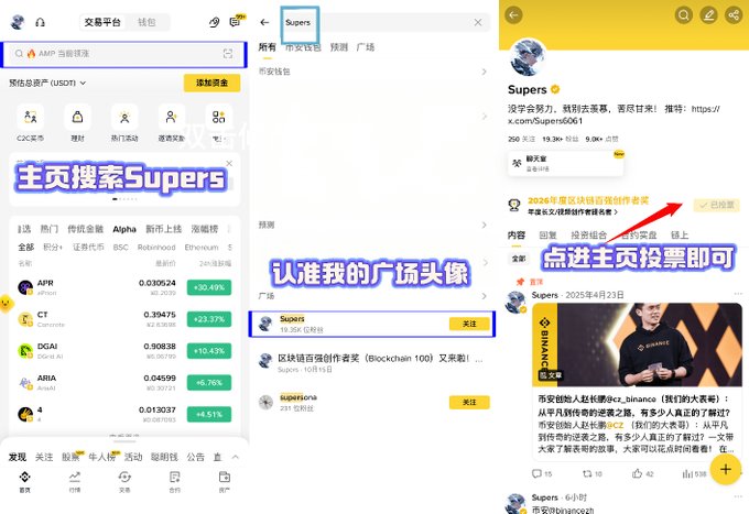 Three screenshots of a Chinese crypto app with Chinese text overlays including '主页搜索Supers', '认准我的广场头像', and '点进主页投票即可'.