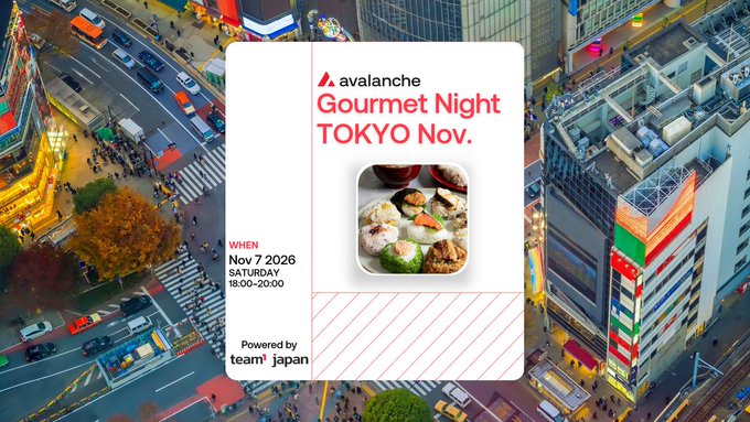 An event flyer for 'avalanche Gourmet Night TOKYO Nov.' happening Nov 7, 2026, powered by team* japan, set against an aerial nighttime view of a busy Tokyo street intersection.
