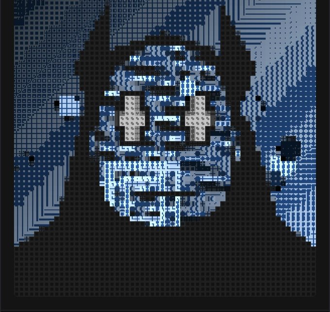 A pixelated, digital art portrait in blue and black tones of a figure in a hooded cloak with distinctive eyes.