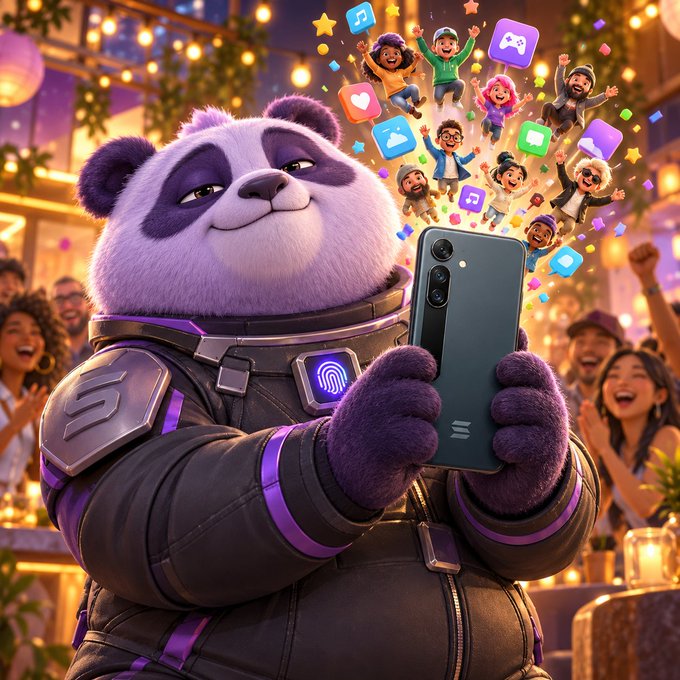 A 3D-rendered anthropomorphic panda in a purple suit holding a smartphone, with app icons and cartoon characters floating above.