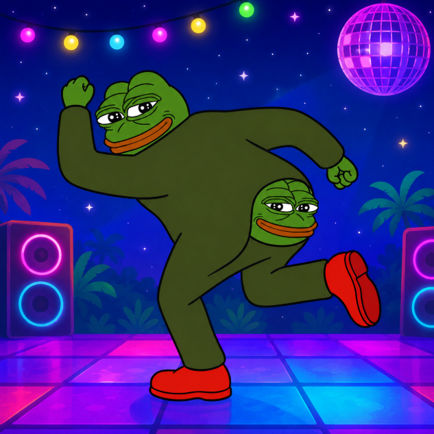 A cartoon two-headed Pepe frog dances energetically on a neon-lit disco floor under string lights and a disco ball, perfectly matching the celebratory "Chillin' at 200K $TFPEPE" milestone and carefree vibe of the post.