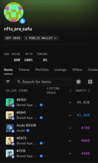 A screenshot of an NFT portfolio dashboard for the account 'nfts_are_safu' showing a $6M USD value across 23,155 items including Bored Ape and Azuki collections.