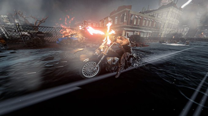 A video game screenshot showing a character riding a motorcycle with a flaming exhaust through a flooded, ruined city street.