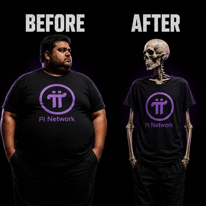 A satirical 'BEFORE' and 'AFTER' image showing a man on the left wearing a 'Pi Network' t-shirt and a skeleton on the right wearing the same shirt.