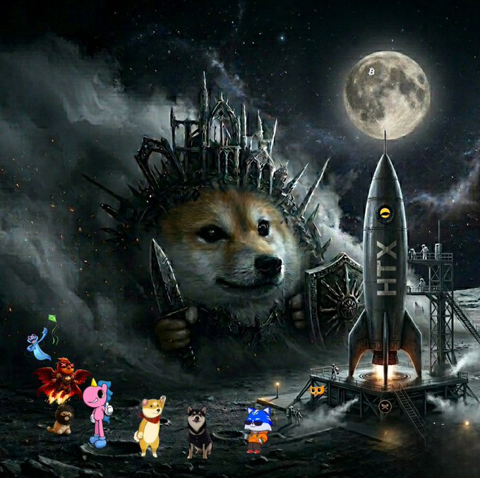 The image features a group of five dogs standing together, with one dog wearing a helmet and holding a sword. The other four dogs are positioned around the base of a rocket ship that has a shield on top. The caption reads "$LUNC is going to rocket and shock the word @HTX_Global posts daily showing Terra Luna Classic. Get a bag and get ready for the rocket ride." This image seems to be related to a post about a rocket launch or an event involving dogs, as indicated by the caption.