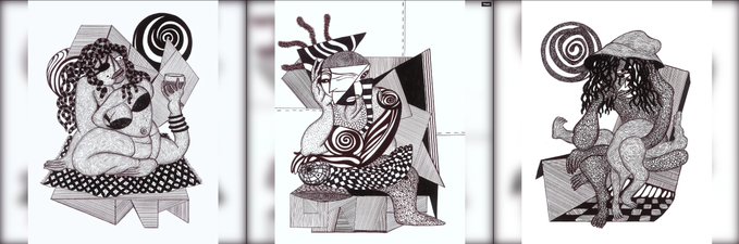 Three abstract black-and-white line drawings featuring stylized female figures with swirling patterns and geometric shapes.