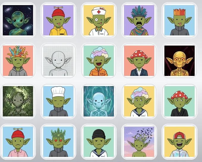 A grid of twenty NFT-style avatar cards featuring various character designs including goblins, aliens, and humans with different outfits like crowns, mushrooms, nurse uniforms, and chef hats, rendered in cartoon styles.