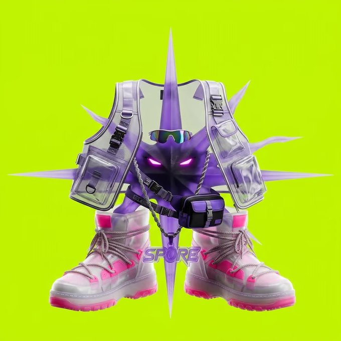 A 3D digital render of a spiky purple character (resembling a Pokémon evolution like Toxtricity) wearing white tactical vests, sunglasses, pink and white high-top boots, and chains, with 'SPORE' text visible, set against a neon green background.