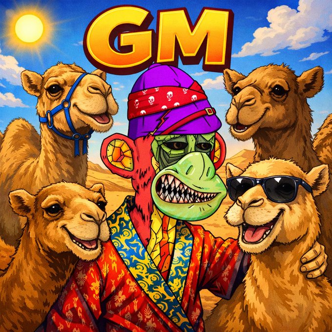 A colorful cartoon illustration with "GM" (Good Morning) in large letters at the top, featuring a green-faced monkey wearing a purple beanie and sunglasses, surrounded by four smiling camels in a desert setting.
