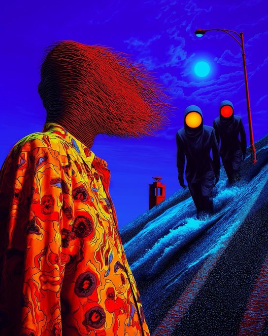 A vibrant, surreal digital illustration showing a figure in a colorful orange patterned garment in the foreground, while two hooded figures with glowing eyes approach down a hill under a bright blue sky.