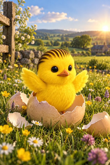 A cute yellow baby chick with brown striped head feathers hatching from an eggshell, sitting in a grassy meadow filled with wildflowers.