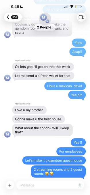 A screenshot of an iMessage conversation at 9:48 showing a chat with "Mexican David" discussing plans to build a guest house featuring 2 streaming rooms, along with plans for a gamdom room, sauna, and an additional condo to be kept for employees. The text-based conversation supports the post's claim about expansion plans beyond just a crypto casino space.