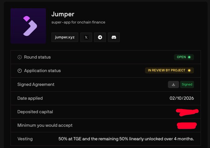 A screenshot of the 'Jumper' super-app dashboard shows round status as OPEN, application status as IN REVIEW BY PROJECT, with a date applied of 02/10/2026 and a vesting schedule of 50% at TGE and 50% linearly over 4 months.