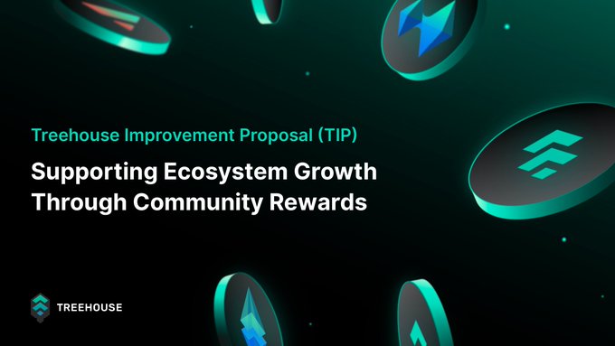 A dark promotional graphic for Treehouse titled 'Supporting Ecosystem Growth Through Community Rewards' featuring the 'Treehouse Improvement Proposal (TIP)' text alongside floating cryptocurrency coin icons.