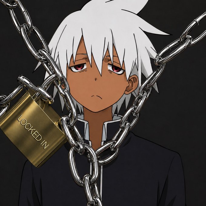 An anime character with white hair and red eyes stands behind large silver chains and a golden padlock engraved with 'LOCKED IN' against a black background.