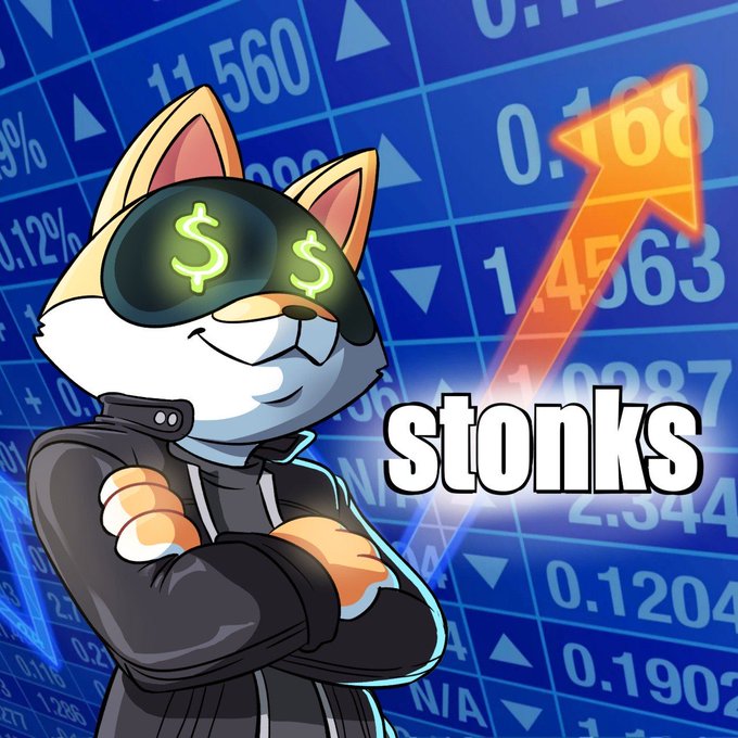 A cartoon Shiba Inu dog wearing sunglasses with dollar signs in the lenses and a black hoodie, arms crossed, set against a background of stock market numbers and an upward red arrow, with the text 'stonks'.