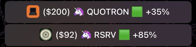 A digital display showing cryptocurrency tokens with their values and gains: 'QUOTRON ($200) +35%' and 'RSRV ($92) +85%'.
