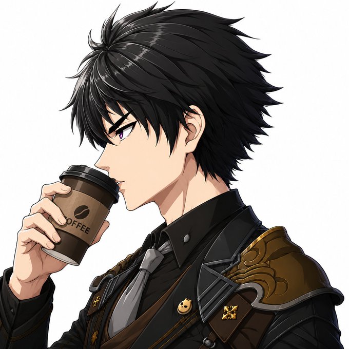 An anime-style illustration of a young man with messy black hair and purple eyes drinking from a brown 'COFFEE' cup, wearing dark clothing with ornate gold armor details.