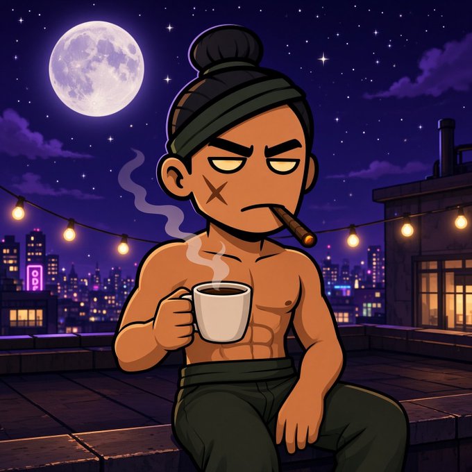 A cartoon illustration of a shirtless, muscular man with a topknot and a forehead scar, smoking a cigar and holding a steaming mug on a rooftop at night under a full moon and string lights.