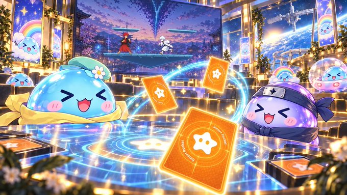 The image shows colorful slime characters celebrating with floating NFT-style cards, one labeled "Smart Pocket OSHI," while a leaderboard screen in the background displays top-ranked players competing in the OSHI Season of the Smart Pocket Trading Card Game. The scene visually promotes the top 100 rewards giveaway by blending gaming competition with collectible NFT card imagery.