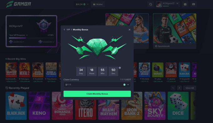 The image shows a "VIP / Monthly Bonus" popup on the Gamba website displaying a countdown timer of 34 days, 18 hours, 55 minutes, and 50 seconds, along with a "Claim Monthly Bonus" button offering 17 USDT. This relates to the post as it reveals the actual monthly bonus amount (17 USDT) that users are being asked to guess.