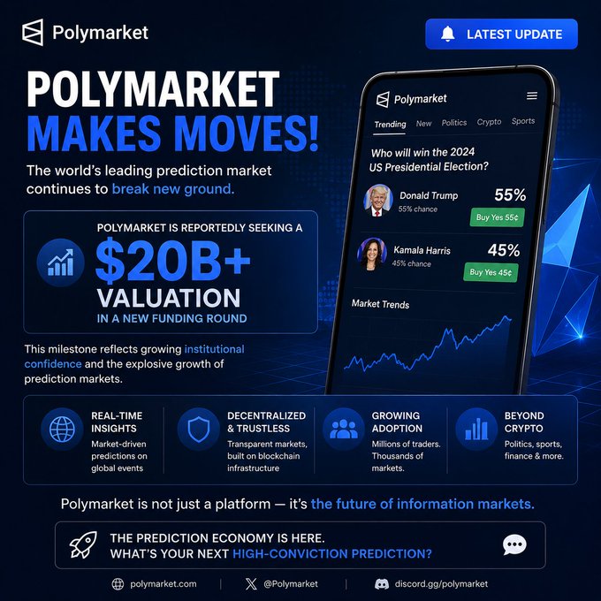 A promotional graphic stating 'POLYMARKET MAKES MOVES!' and reporting the company is seeking a '$20B+ VALUATION' in a new funding round.
