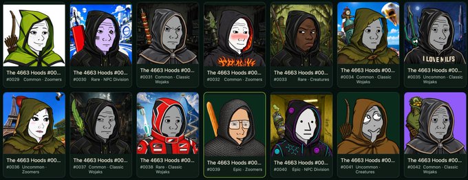A grid of 14 NFT character avatars titled "The 4663 Hoods" displays various hooded figures with numbered labels (#0012-#0042) and different attributes like "Common," "Rare," and "Uncommon," accompanied by background scenes such as "Classic Wizards," "Rare - Hero Division," and "I LOVE NFTs." The image relates to the post by showcasing the NFT collection being launched on the OpenSea Launchpad, with the characters representing different rarities and themes within the project.