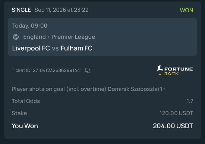 The image shows a winning single bet slip placed with FortuneJack on September 11, 2026, for Liverpool FC vs Fulham FC, where Dominik Szoboszlai recorded 1+ shot on goal at 1.7 odds, turning a 120 USDT stake into 204 USDT winnings. This aligns with the post celebrating the completion of the first challenge by turning $20 into $200, marking a profitable start to the betting streak.
