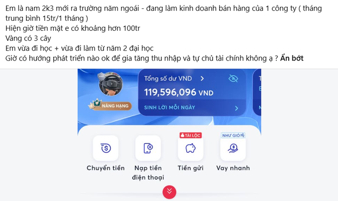 A screenshot of a Vietnamese text post about a 2003 male seeking financial growth advice, accompanied by an image of a digital banking interface showing a balance of 119,596,096 VND and options like 'Chuyển tiền', 'Nạp tiền điện thoại', 'Tiền gửi', and 'Vay nhanh'.