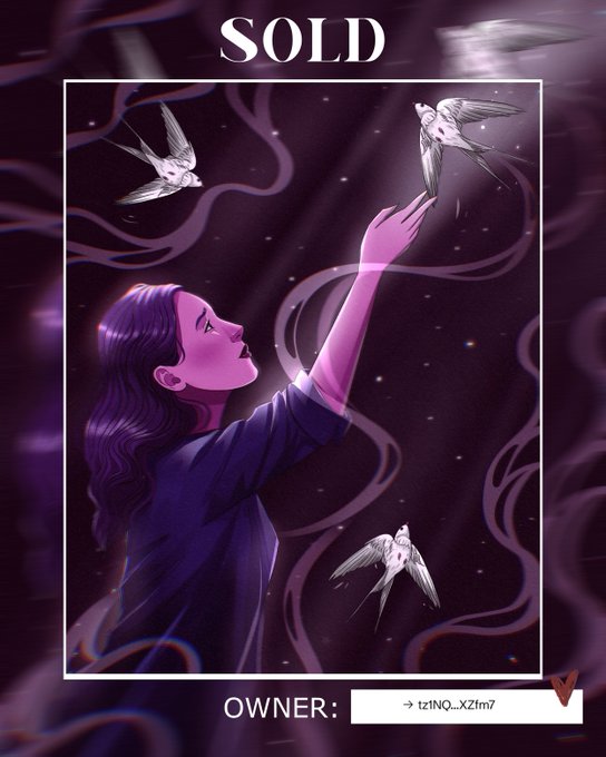 An NFT-style digital artwork marked 'SOLD' featuring a woman in purple reaching up to touch a bird, with an owner listed as 'tz1NQ...XZfm7'.