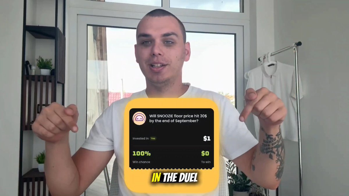 A man with a buzzcut and arm tattoo pointing down at a yellow graphic overlay reading 'Will SNOOZIE floor price hit 30$ by the end of September?' with '100% Win chance' and '$1' invested, labeled 'IN THE DUEL'.