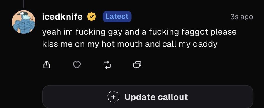 A screenshot of a Pumpfun callout from user "icedknife" marked as "Latest" and posted 3 seconds ago, reading "yeah im fucking gay and a fucking faggot please kiss me on my hot mouth and call my daddy," with an "Update callout" button at the bottom, illustrating the post's claim about how the user bullposts on the Pumpfun app.