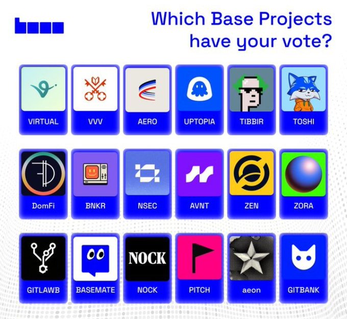 The image shows a collection of logos for various Base Projects, including virtual reality, avatars, and other digital art forms. These logos are displayed in a grid format with each logo occupying its own square. The text at the bottom of the image reads "Which Base Projects have your vote?". This suggests that the viewer is being prompted to consider which projects they would like to support or participate in through their vote.