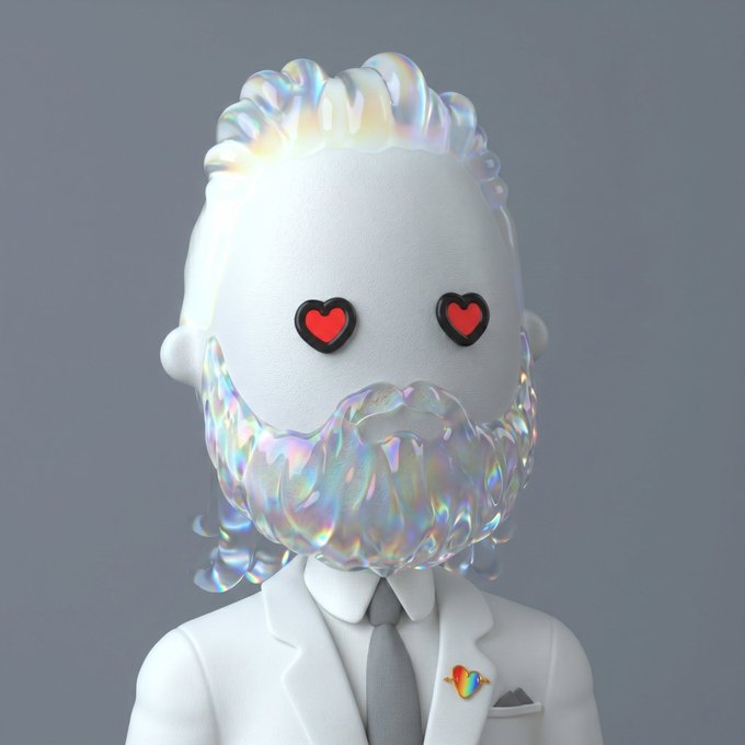 A 3D rendered character with iridescent rainbow hair and beard, heart-shaped red eyes, wearing a white suit with a rainbow heart pin on the lapel.