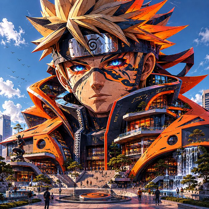 A massive Naruto-themed building looms over a bustling plaza, featuring the character's iconic spiky hair, glowing blue eyes, and headband with the Konoha leaf symbol, while visitors gather below near fountains and a centered Hidden Leaf emblem—fitting for a "GM" call given Naruto's role as a shinobi leader inspiring a daily greeting.