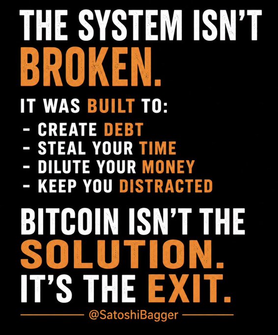 The image features a black background with white text that reads "The System isn't broken. It's the solution." This message seems to be promoting Bitcoin as a solution for financial problems, suggesting that Bitcoin can fix issues like the one described in the caption.
