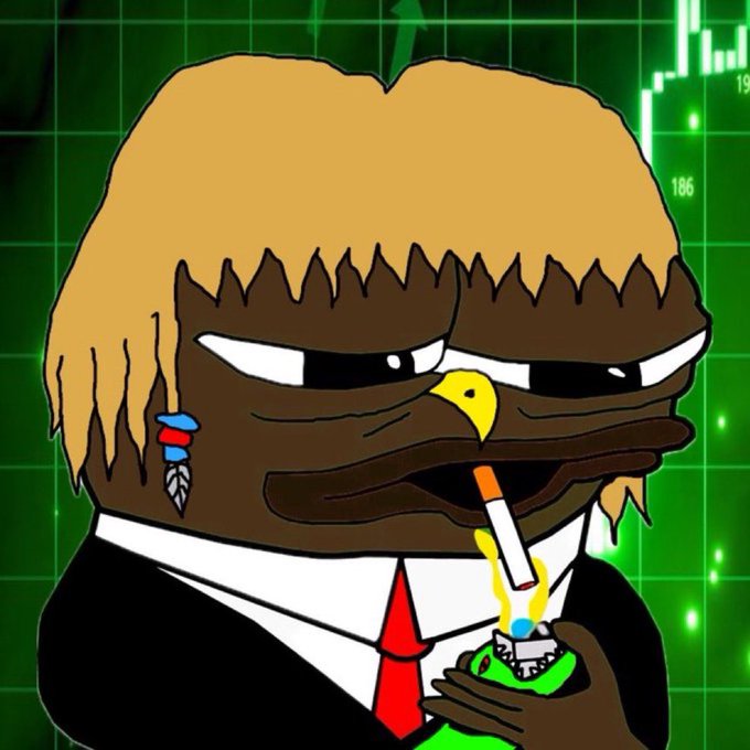 A cartoonish illustration of a dark-skinned character with blonde hair, wearing a suit and red tie, smoking a cigarette and holding a lighter, set against a green grid background resembling a stock market chart.