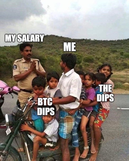 A meme showing a man overloaded with children on a motorcycle, labeled with 'MY SALARY', 'ME', 'BTC DIPS', and 'THE DIPS' to humorously depict being overwhelmed by cryptocurrency market downturns.