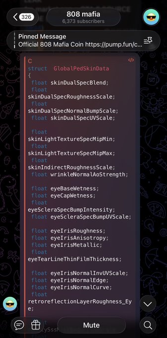 A Telegram screenshot from "808 mafia" channel (6,373 subscribers) displaying a C++ struct named "GlobalPedSkinData" with fields for skin, eye, and texture specifications, presented as alleged leaked GTA 6 source code and labeled as the first leak in a series.