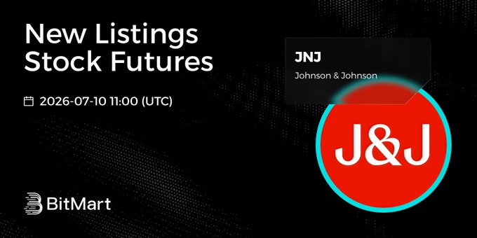 A BitMart promotional graphic for New Listings Stock Futures featuring Johnson & Johnson (JNJ) scheduled for 2026-07-10 11:00 (UTC).