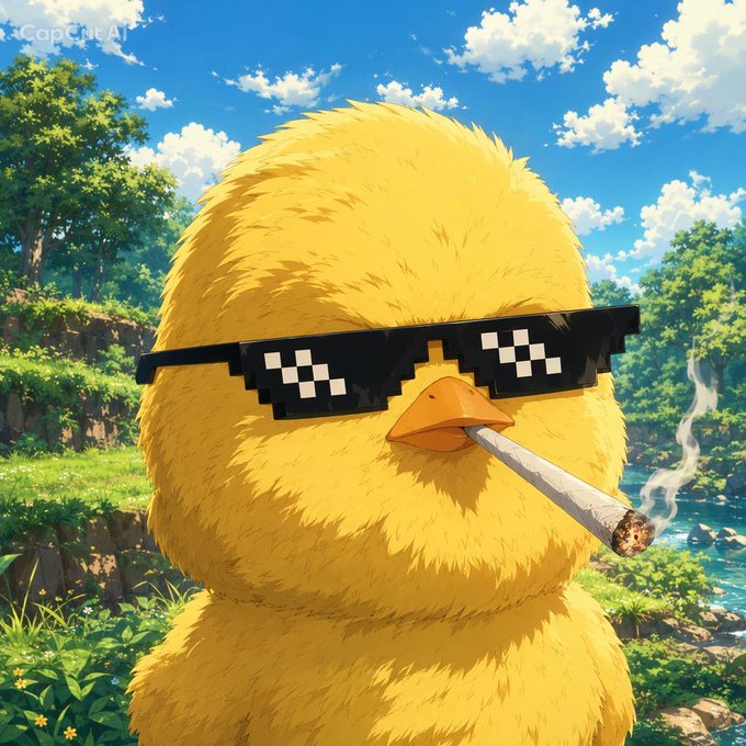 A stylized illustration of a yellow chick wearing pixelated 'deal with it' sunglasses and smoking a joint, set in a lush outdoor landscape.