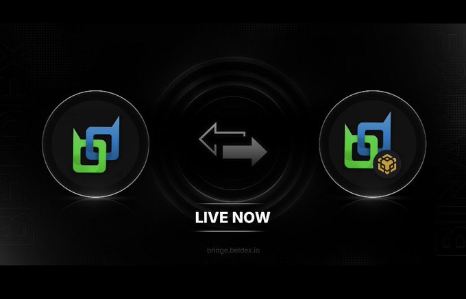 Promotional graphic for bridge.beldex.io showing a live token swap between two blue and green logos, with a central exchange arrows icon and 'LIVE NOW' text.