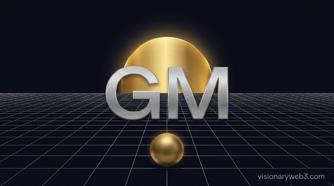 A 3D rendered logo featuring silver 'GM' letters and a gold sphere against a dark grid background, with a 'visionaryweb3.com' watermark.