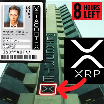 The image shows a composite graphic featuring an ID badge labeled "MetaCortEx SCF7" for "Anderson - Thomas A, Junior Programmer" alongside a towering skyscraper with the Metacortex logo and an XRP (X-Ripple) symbol, accompanied by text stating "8 HOURS LEFT." The visual ties into the caption's Matrix prophecy theme by depicting Thomas Anderson's fictional employee ID at MetaCortex, the company he worked for before "waking up" to reality—now reimagined alongside XRP as central to an emerging AI-driven, autonomous payments future.