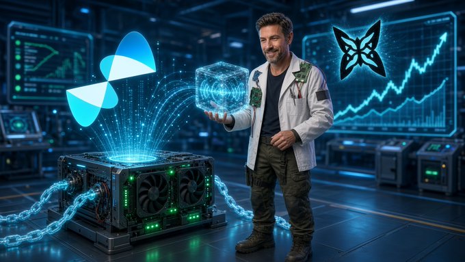 A man in a white jacket stands in a futuristic lab holding a glowing blue holographic cube, with a computer tower emitting blue light next to him and line graphs displayed on screens in the background.