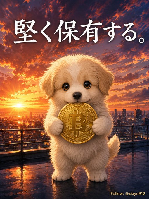 An illustrated puppy holding a Bitcoin coin with Japanese text '堅く保有する' (hold firmly) against a sunset cityscape, credited to 'Follow: @xiayu912'.