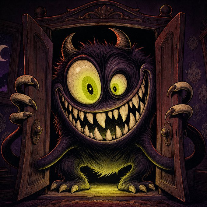 A cartoonish purple monster with horns, glowing green eyes, and a wide toothy grin emerges from a wooden cabinet in a dark room.