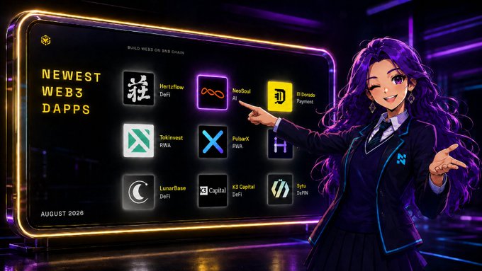 An anime-style character with purple hair pointing at a digital display titled 'NEWEST WEB3 DAPPS' showcasing various blockchain projects like 'Hertzflow DeFi', 'NeoSoul AI', and 'El Dorado Payment' for 'AUGUST 2026'.