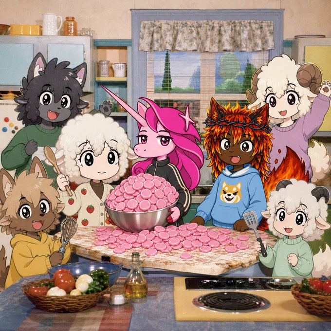 An anime-style illustration depicting cute anthropomorphic animal characters (sheep, unicorn, fox, dog, etc.) gathered in a kitchen, baking pink macarons together.
