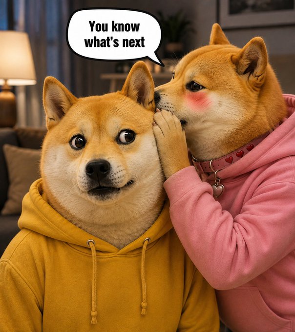 Two Shiba Inu dogs wearing yellow and pink hoodies, with the one on the right whispering to the other through a speech bubble that says 'You know what's next'.